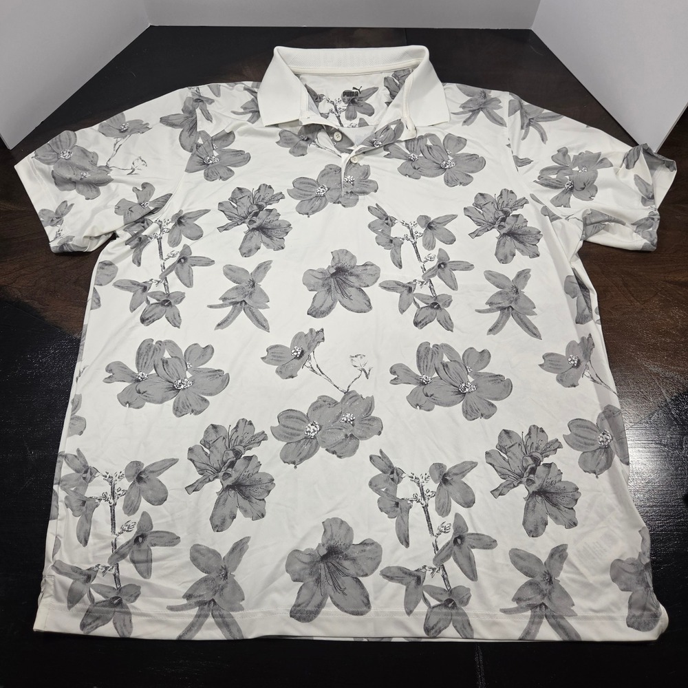 PUMA Men's Mattr Verdant Performance Golf Polo White Floral XL Short Sleeve